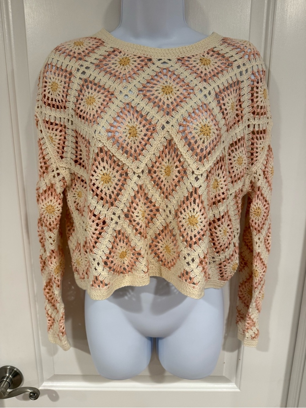 Mini Society Crochet Openwork Sweater in Cream, Peach and Soft Yellow